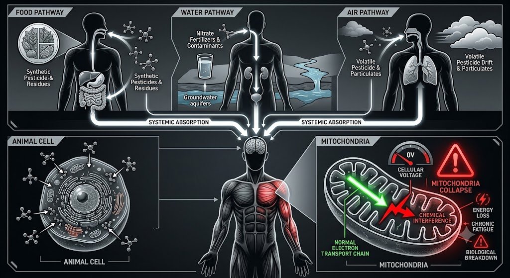 The 100% Toxic Loop: How Agricultural Chemicals Return to Human Biology Through Food, Water, and Air.